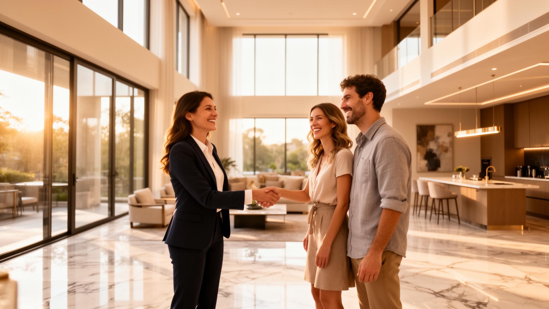 Real estate agent shaking hands with happy clients inside a luxury home